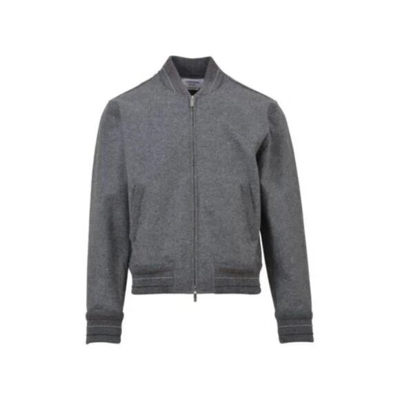 Thom Browne Grey Wool-Felt Striped-Trim Bomber Jacket
